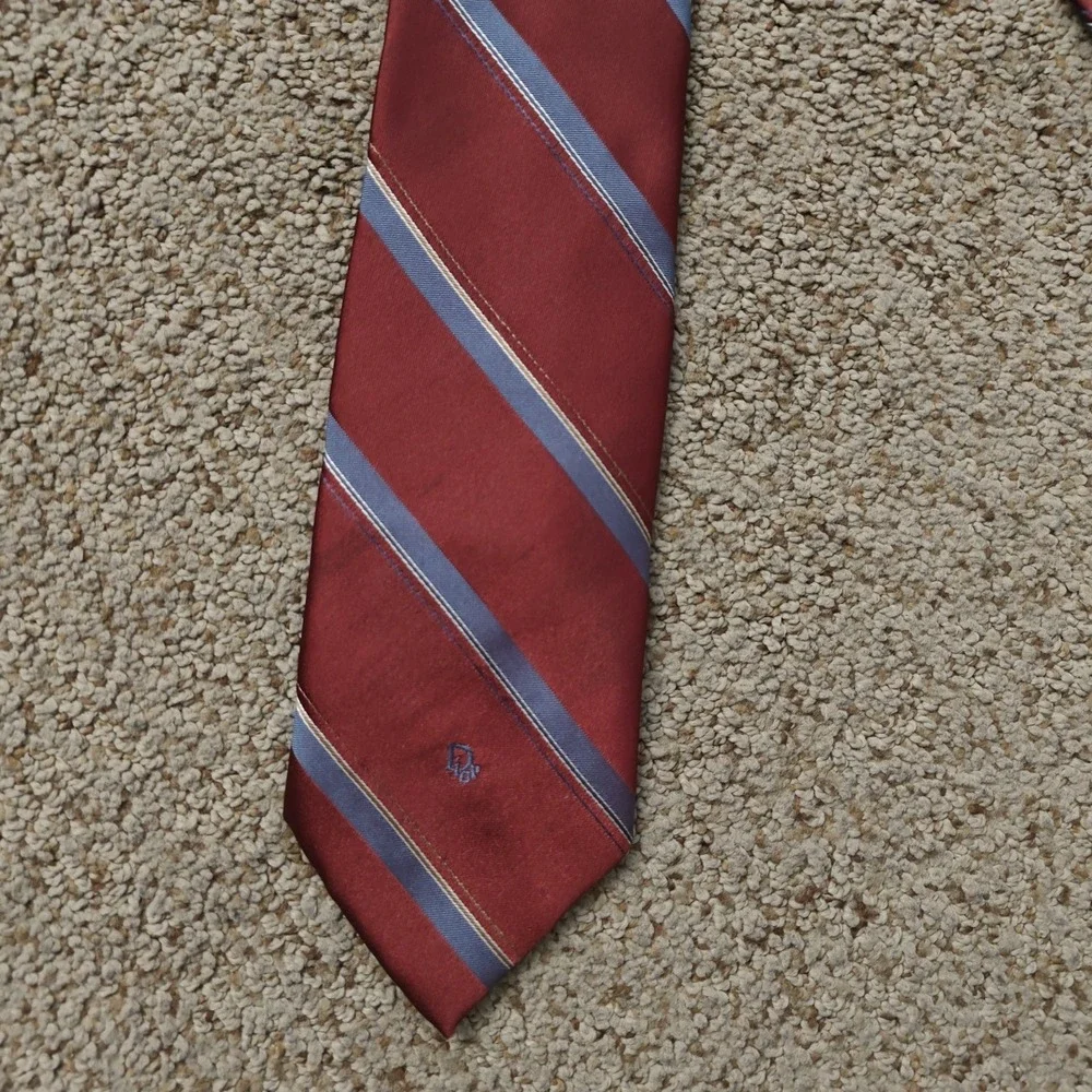 Vintage CHRISTIAN DIOR Men Tie OS Red Striped Classic Professional